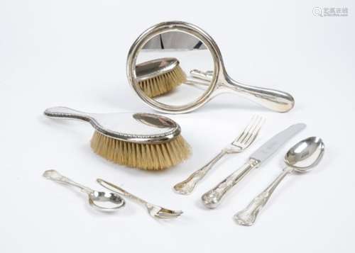 A hallmarked silver dressing table brush and mirror together with a silver plated Kings pattern