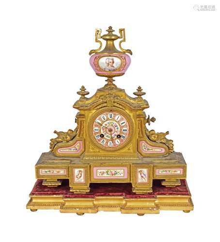 ORMOLU AND PINK SEVRES PORCELAIN MANTLE CLOCK