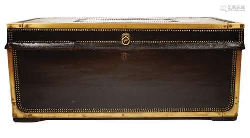 19TH-CENTURY LEATHER AND BRASS BOUND TRUNK