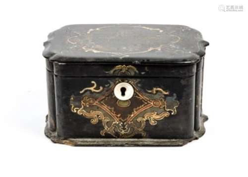 A papier mache tea caddy, with mother of pearl escutcheon, the top decorated with a view of exotic