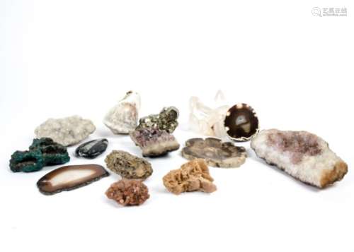 A group of interesting geodes and crystals, to include pyrite 'fools gold' and a shell with carved