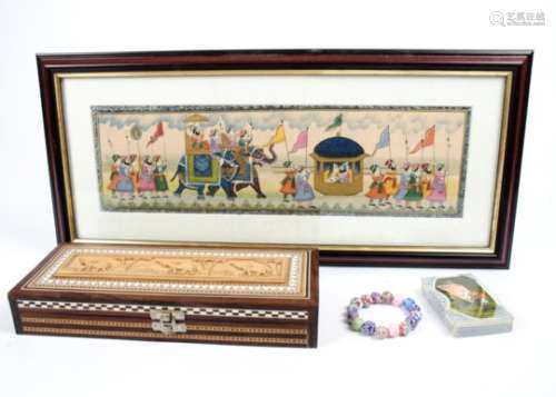 An Indian gouache with attendants transporting important personages, together with a carved Indian