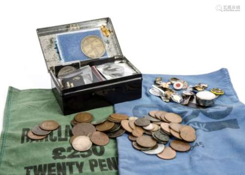 A quantity of old coins and enamel badges, the badges to include 'Clacton Sea Angling Club', '