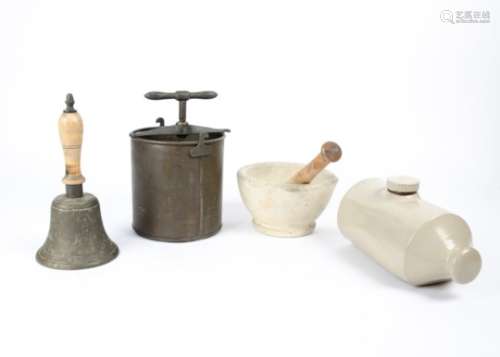 A marble mortar and pestle, with wooden handle, a school bell, an iron meat press and a stoneware