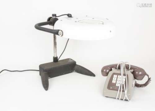 Vintage Laboratory Magnifying Lamp and Telephone, a 1960s M5 magnifying lamp with plastic shade on