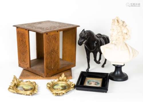 Table Top Revolving Bookcase and Other Ornaments and Miniatures, a carved oak 1930s table top