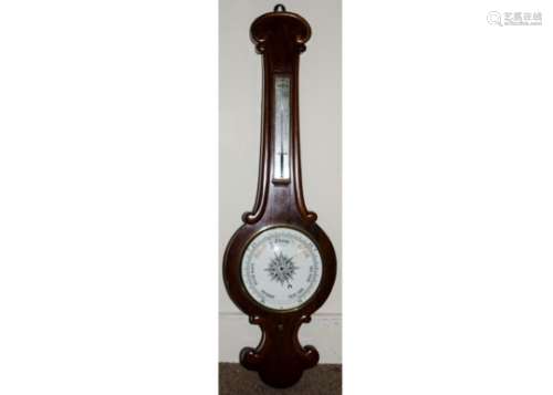 A 20th Century mahogany wheel barometer, the shaped case containing a white dial with black and