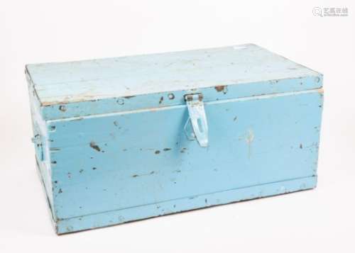 A wooden twin handled chest, with a hinged lid, painted blue, 67 cm x 29 cm x 41 cm