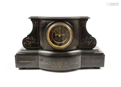 A Victorian slate mantle clock of architectural form, the gilt rimmed dial with Roman numerals,