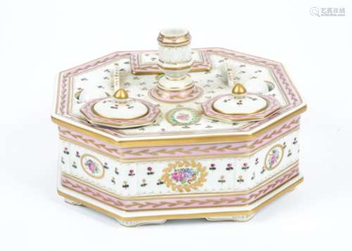 A Dresden continental porcelain functional desk tidy of ornate octagonal form, containing inkwells