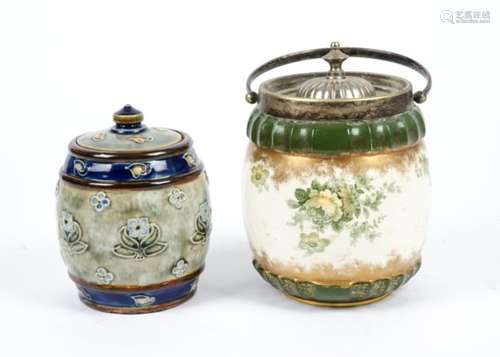 Two Royal Doulton barrels, one a biscuit barrel with transfer printed decoration and gilt sponge