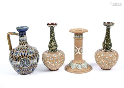 Four pieces of Doulton Lambeth ceramics, consisting of a matching pair of Slaters Patent vases,