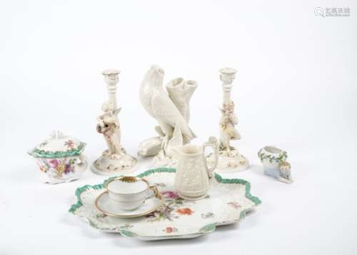 A box of mostly continental porcelain including a rococo style dressing table set with pots of shell