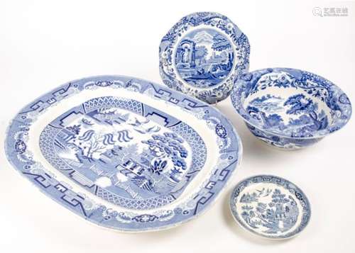 A blue and white antique meat plate of sizeable proportions, decorated in the willow pattern,