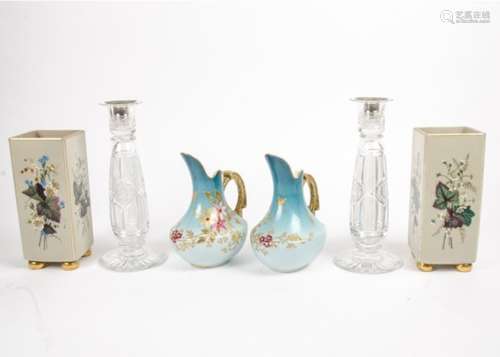 A pair of D & Co Limoges jugs with gilt decoration of flowers and dragonflies, height 19 cm,