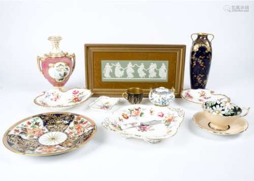 A selection of British ceramics, including Royal Crown Derby dishes, a Royal Worcester cup, Wedgwood