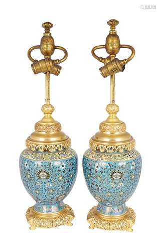 PAIR OF CHINESE ORMOLU & CLOISONNE LAMPS