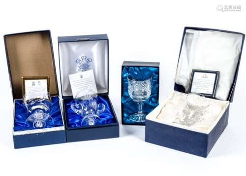 Four pieces of commemorative glassware, consisting of a Thomas Webb crystal goblet to celebrate 'The