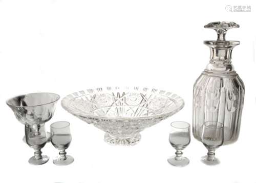 A quantity of glass to include a matching pair of heavy cut decanters, together with various