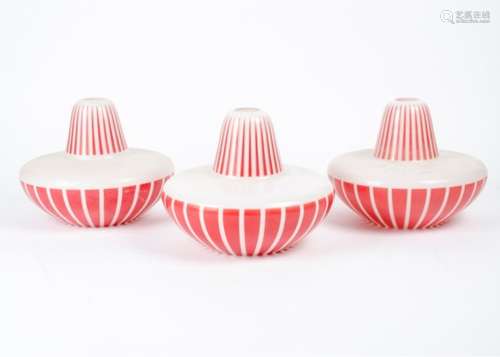 Three matching mid Century retro glass lamp shades, with white frosted glass with tapered red