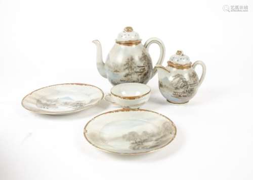 A 20th Century part tea service, painted with traditional landscape scenes enclosed by a gilt