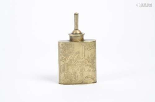 A Chinese metalwork opium pipe base, with an engraved image of smokers and Chinese calligraphy,