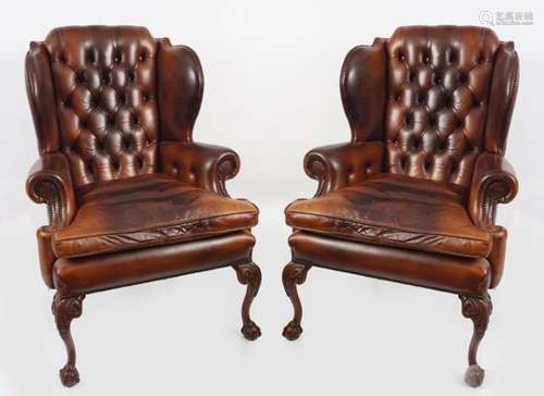 PAIR OF GEORGE III STYLE WING BACK ARMCHAIRS