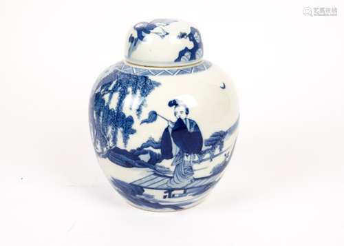 A 20th Century Chinese blue and white ginger jar, with lobed body, painted with scenes of people