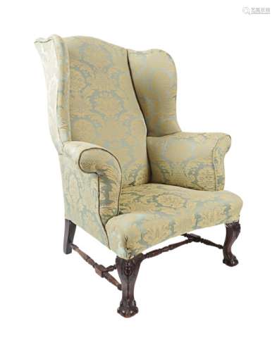LARGE 19TH-CENTURY DAMASK WINGBACK ARMCHAIR