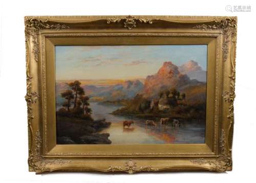 A Victorian oil on canvas highland landscape, depicting cattle crossing water, with indistinct