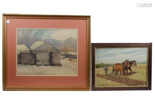 Three rural acrylic paintings together with a larger indistinctly signed watercolour, one with an