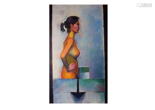 R. Henson 20th Century mixed media on canvas, Nude study with arrow pointing downwards', signed to