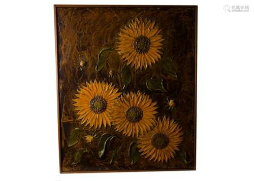 Rosslyn 20th Century abstract wall sculpture in relief on board, Sunflowers', signed (lower left) '