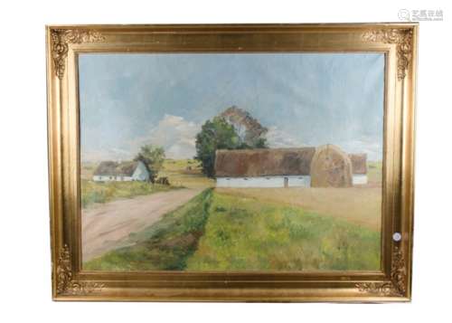 J. Meyer 20th Century acrylic on canvas, Landscape with cottages and hay bales', indistinctly signed