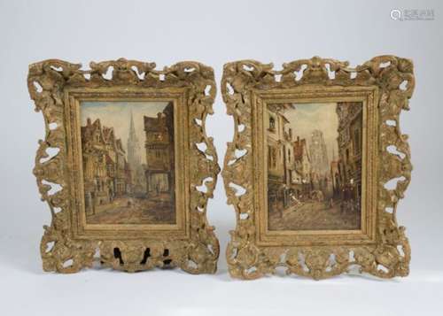 A pair of 19th Century British School oils on board, Street scene leading to Cathedrals', both