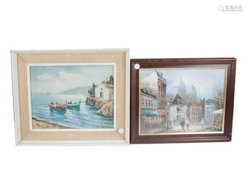 Two 20th Century paintings, one an oil on board 'two docked boats outside a building', signed (lower