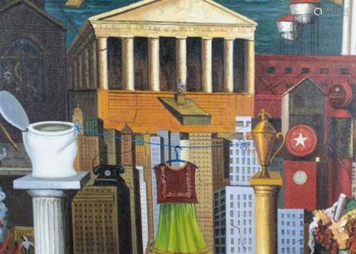 A contemporary oil on canvas, depicting a 'dress being suspended between a trophy and a toilet