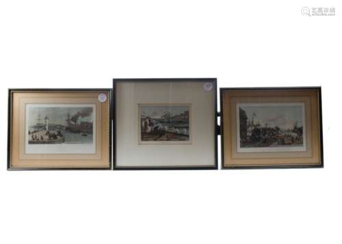 A small oil on board river scene together with five antique prints, all with ports, harbours and