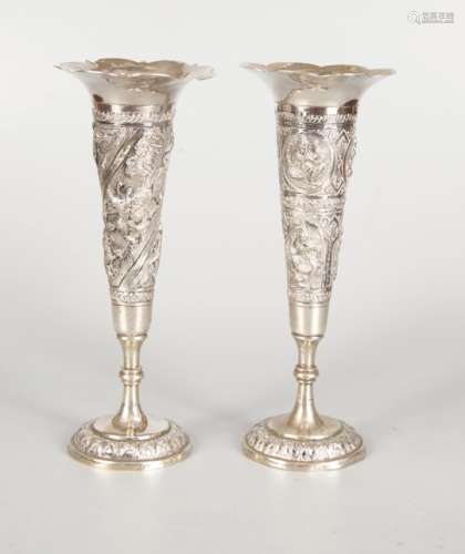 PAIR OF ANGLO-INDIAN SILVER BUD VASES