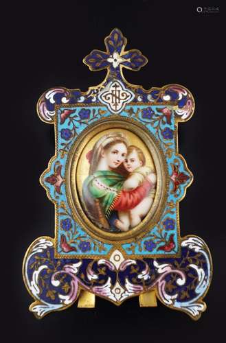 CLOISONNE ENAMELLED FRAMED PORCELAIN MINIATURE