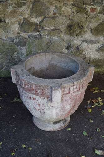 PAIR WEATHERED NEO-CLASSICAL MOULDED STONE URNS