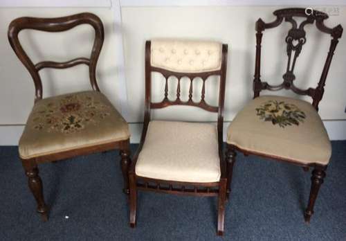 Three 19th Century chairs, Rosewood balloon back dining chair, with floral upholstery, a stained