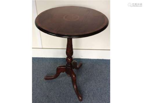 A late 19th Century mahogany tripod table, with inlaid and banded top, 56 cm x 73 cm, AF