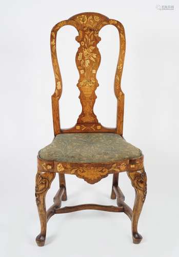 PAIR DUTCH MARQUETRY ARMORIAL BACKED SIDE CHAIRS