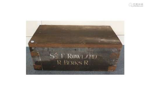 A Royal Berkshire Regiment travel box, the wooden box having applied metal surrounds, marked to