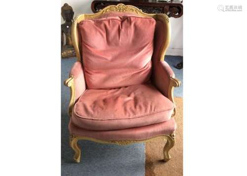 A 1950's armchair in the Louis XV style, wooden frame with pink upholstery, 92 cm x 70 cm x 60 cm