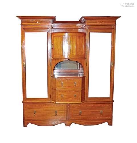 LARGE EDWARDIAN MAHOGANY AND MARQUETRY WARDROBE