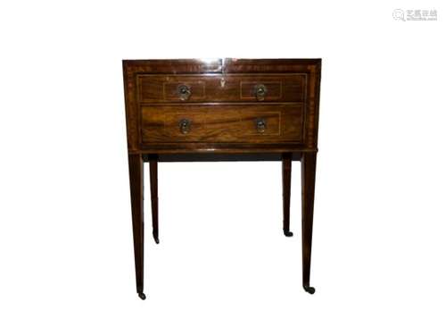 A late George III Rosewood box line inlaid satinwood banded dressing table, the double rising top