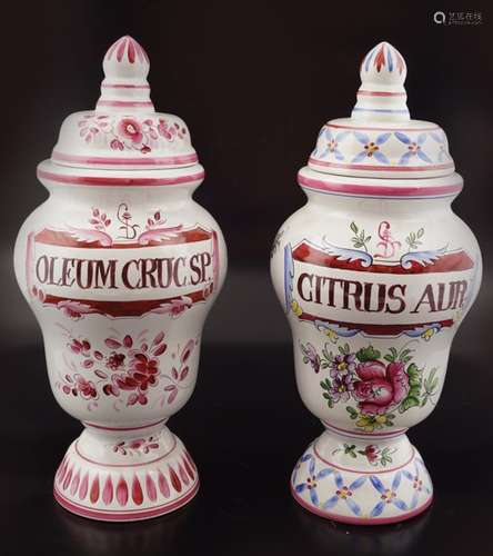 PAIR OF DELPH APOTECARY JARS AND COVERS