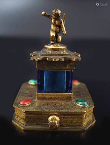 19TH-CENTURY GILT BRONZE AND GLASS STAMP HOLDER